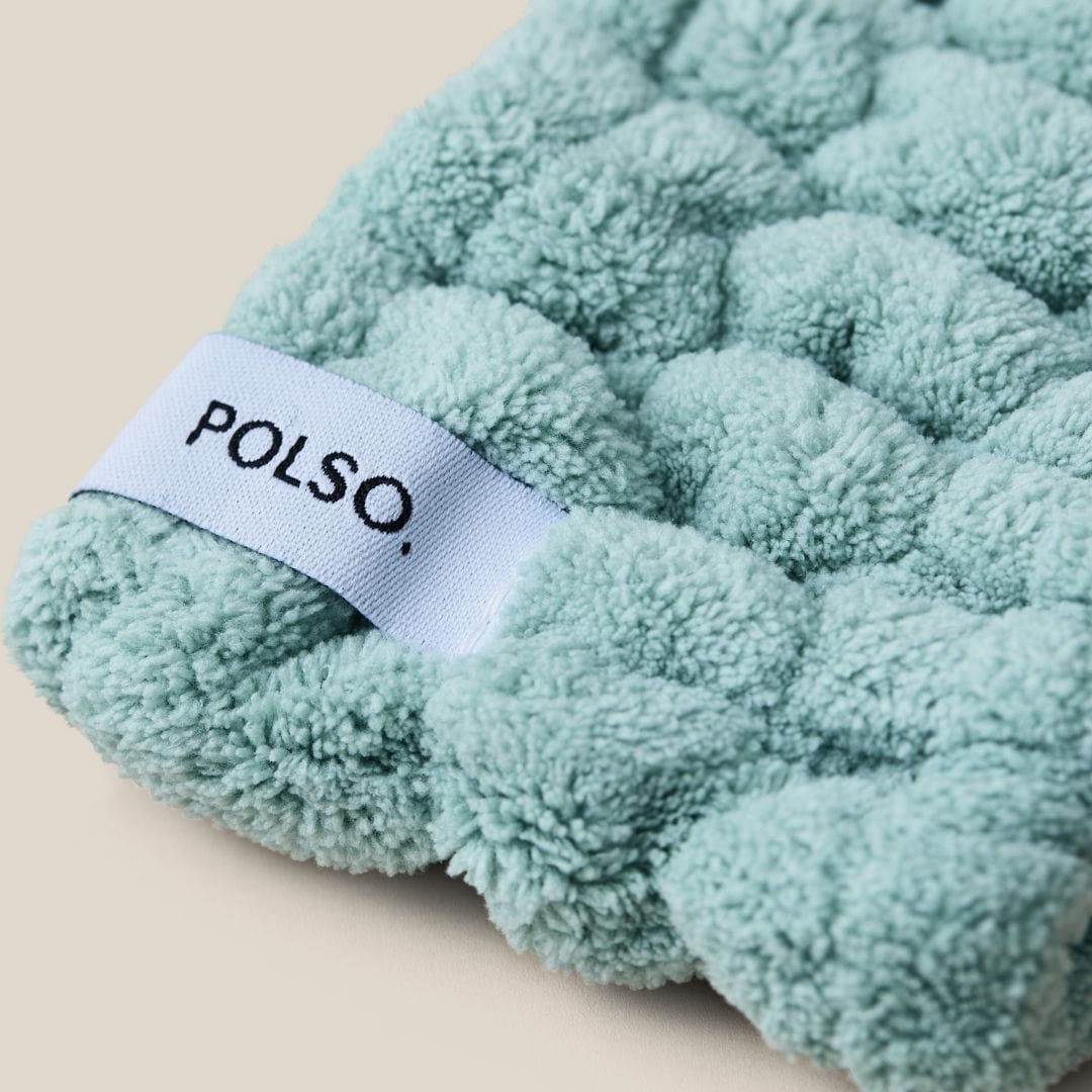 Sage Green Spa Headband Product Photo Close Up with POLSO Logo