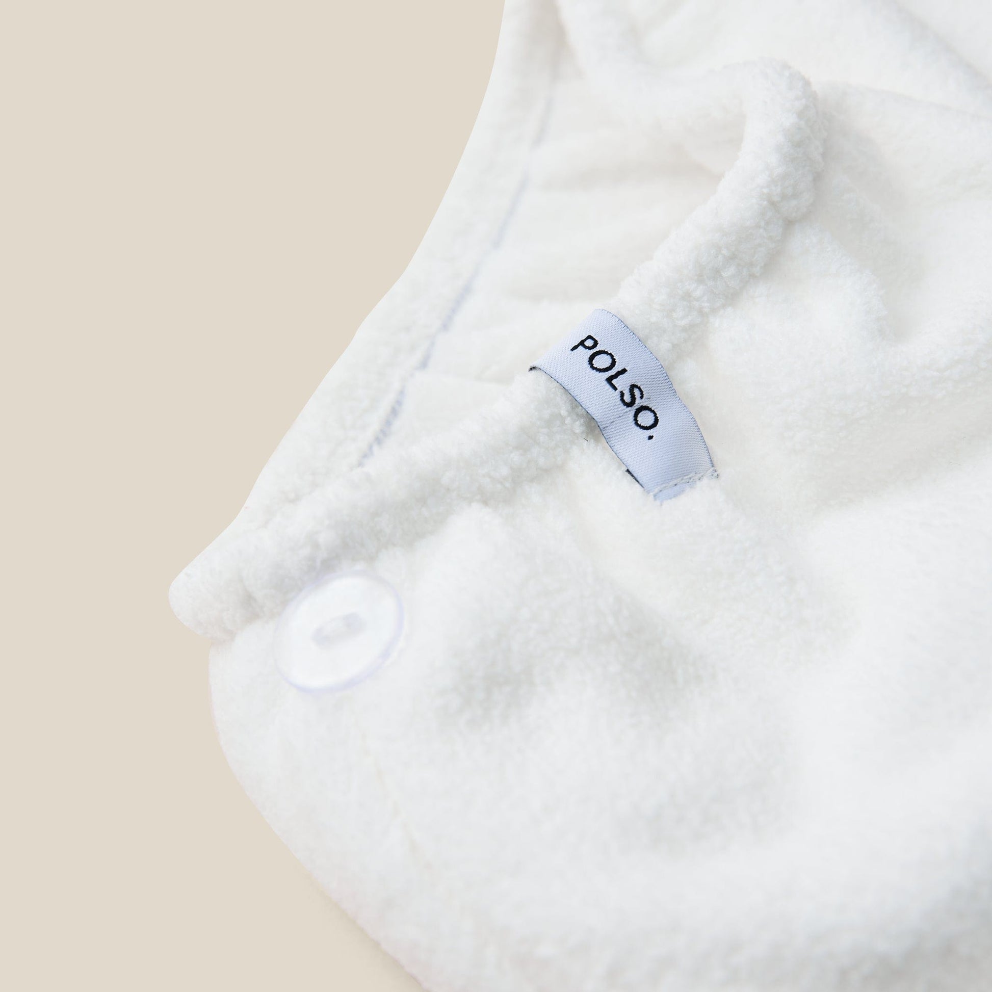 POLSO Spa White Hair Turban Close up Showing Label and Button