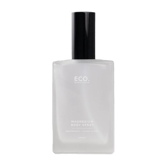 White bottle of ECO magnesium body spray on a white background