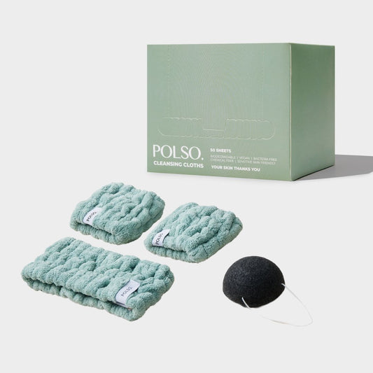 POLSO Cleansing Cloth Face Towel Box and Wash Cuffs Headband Bundle