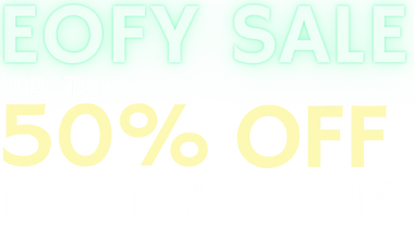 Promotional text 'EOFY SALE 50% OFF' in bright colors on a white background