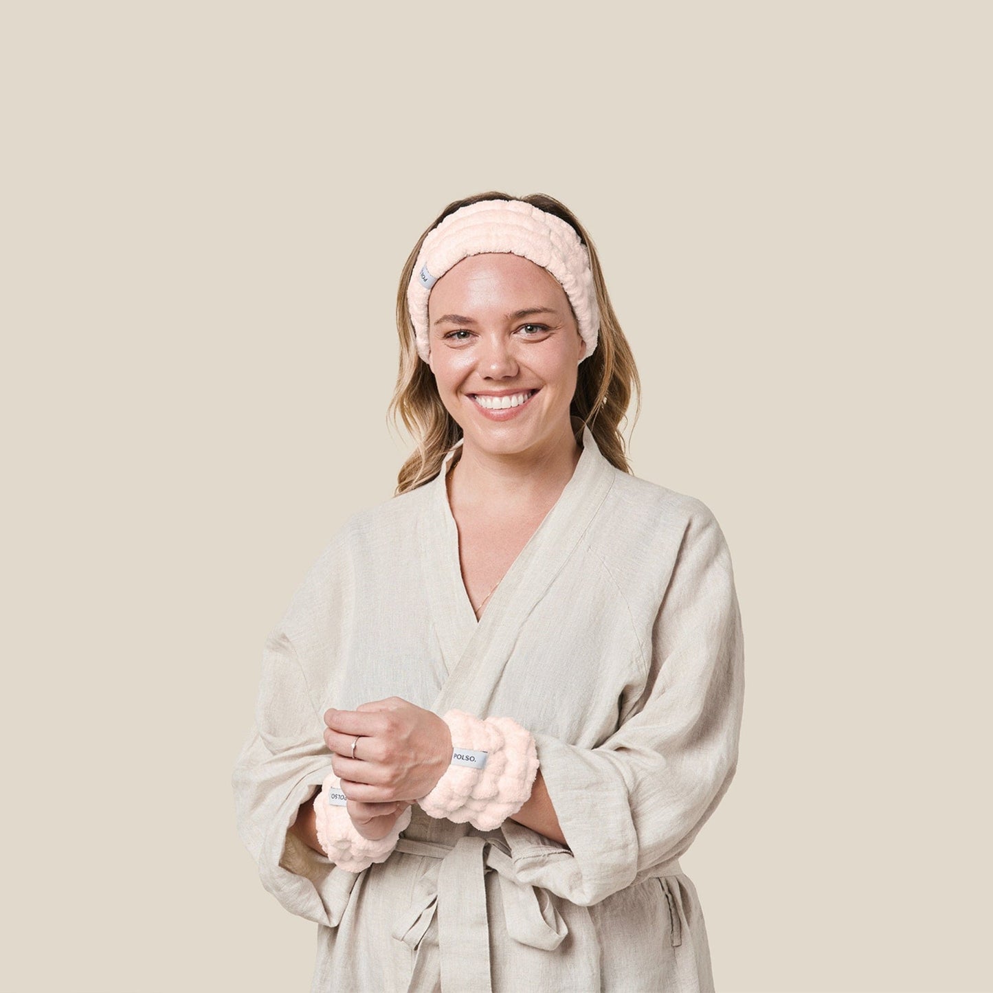 POLSO Model Wearing Pink Wash Cuffs & Spa Headband