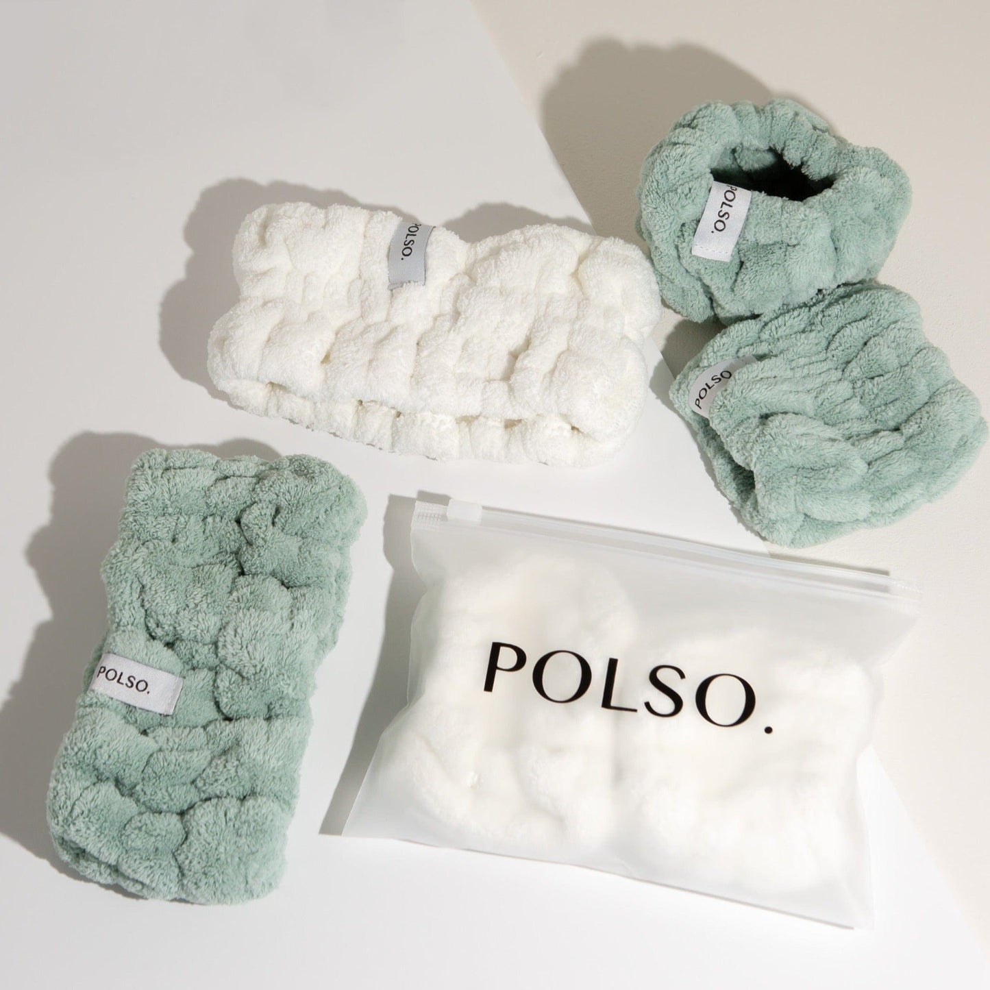 Sage Green & Spa White Headbands and Cuffs for washing face product image including POLSO Pouch
