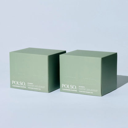 Two green boxes of POLSO cleansing cloths on a light gray background